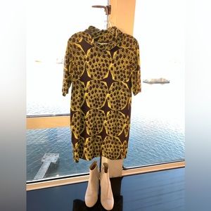 Marimekko XS Green & Blue Cowl-Neck Jersey Mini-Dress 3/4th Sleeves